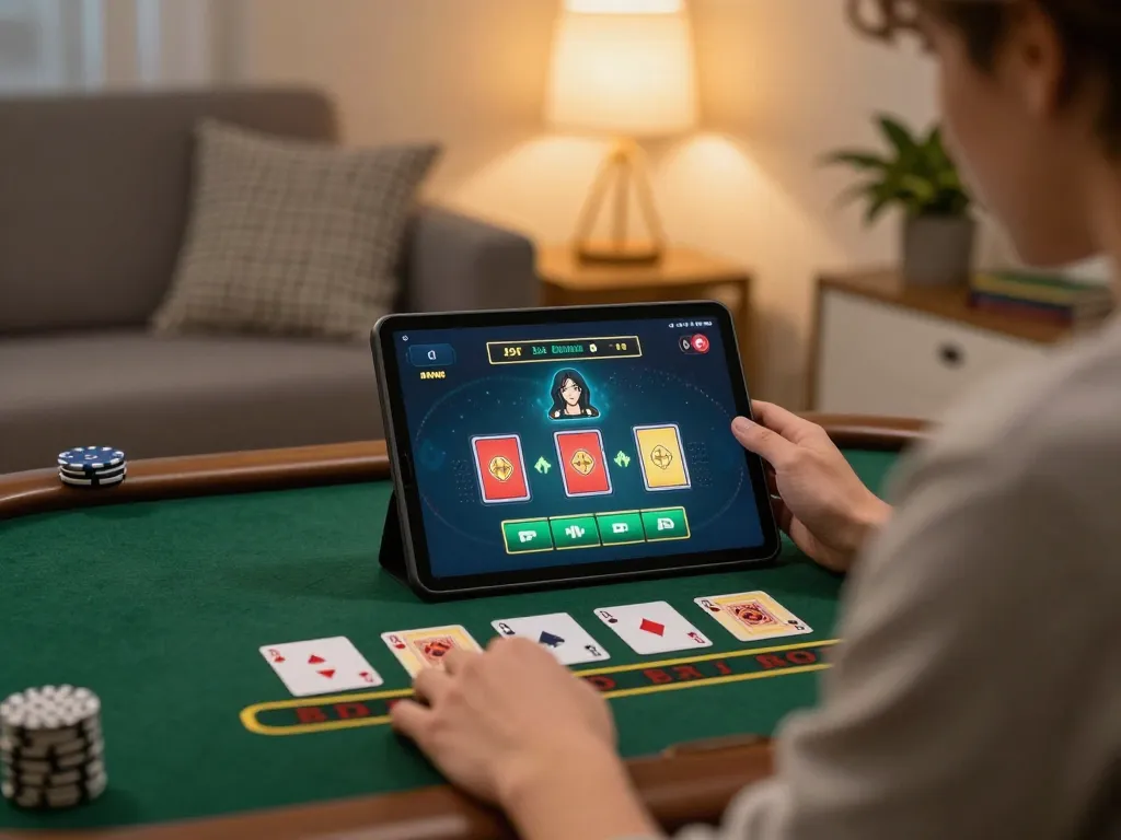 Engaging in online blackjack at https://lu88.jpn.com/ from a cozy living room.