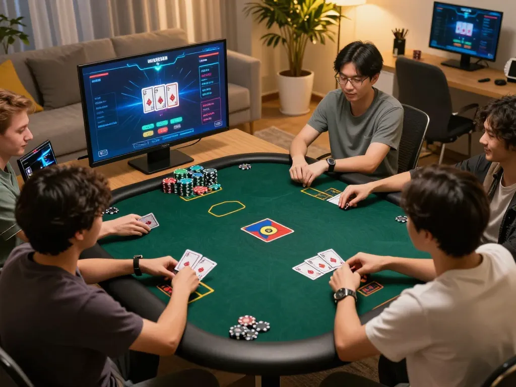 Players engaging in a thrilling online poker game on go88, showcasing hands and chips with vibrant graphics.