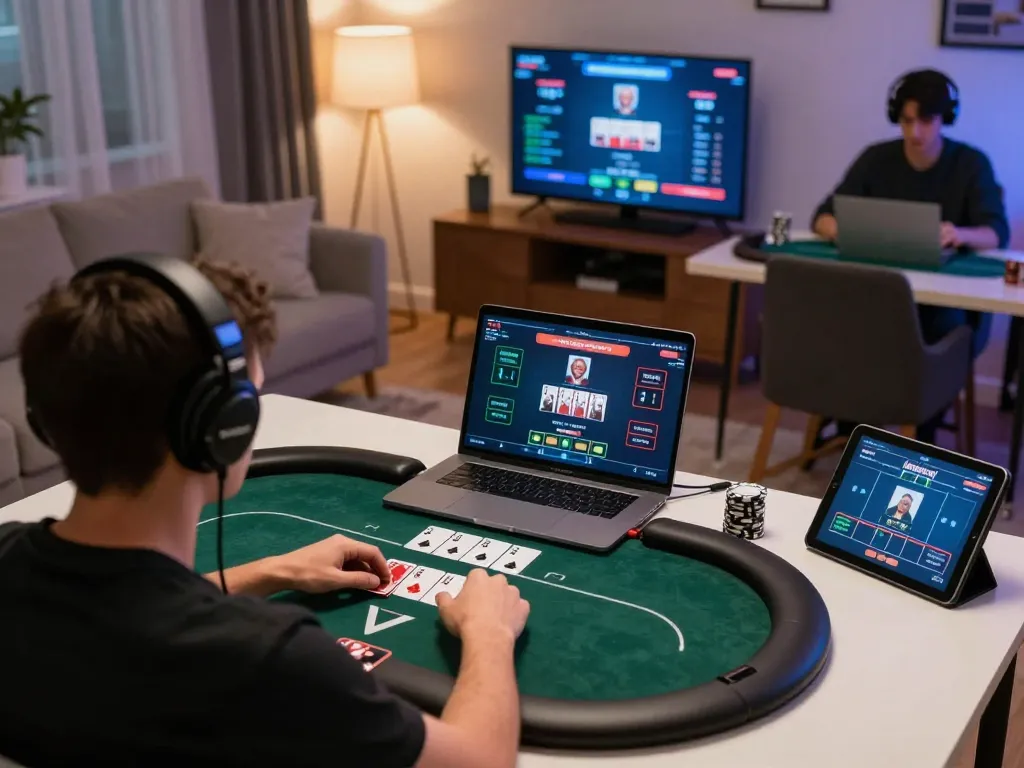A player strategizing in an online poker game on xi88, showcasing focused gameplay with cards and betting options.