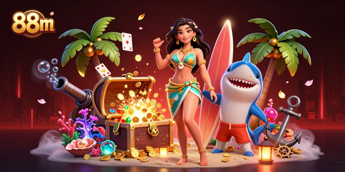 Experience thrilling wins with 88m as a glamorous beach goddess and a cool surfer shark in a vibrant casino scene.