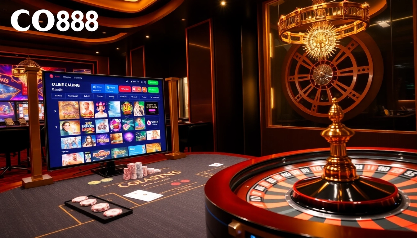 Engage in thrilling games at CO88 with vibrant casino visuals featuring tables, cards, and sports betting.