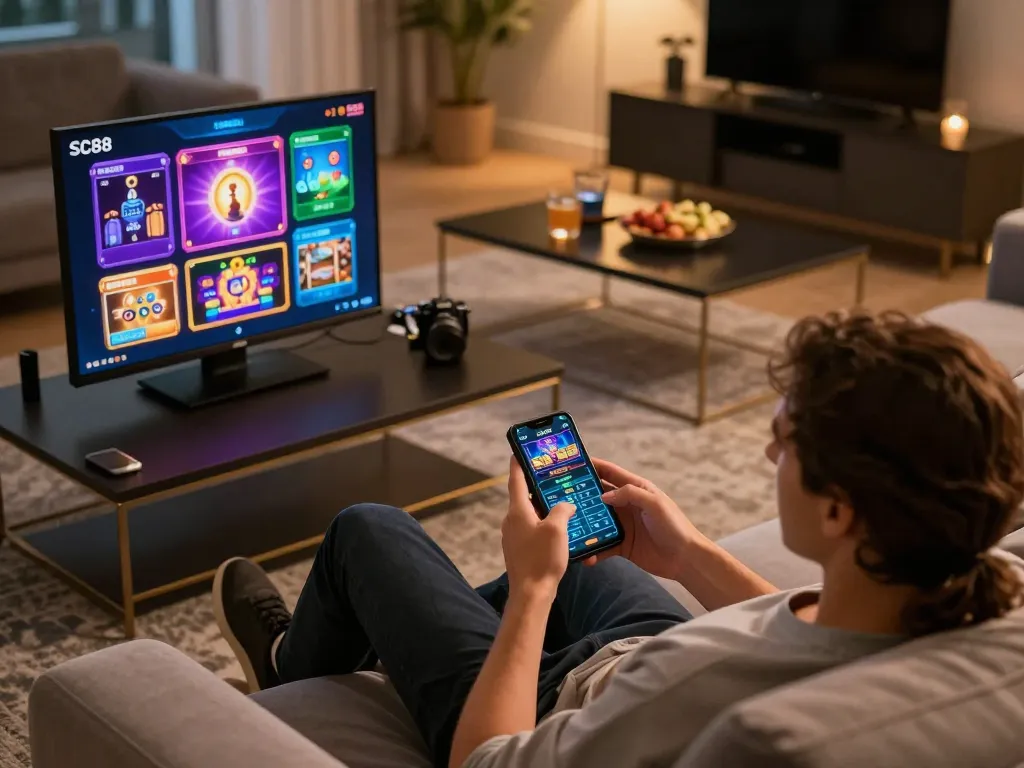 SC88 user engaging with mobile gaming app in cozy living room, showcasing responsible entertainment.