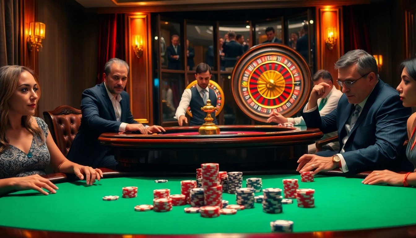 Engaged players enjoying a high-stakes game at 8KBET's luxurious casino table.