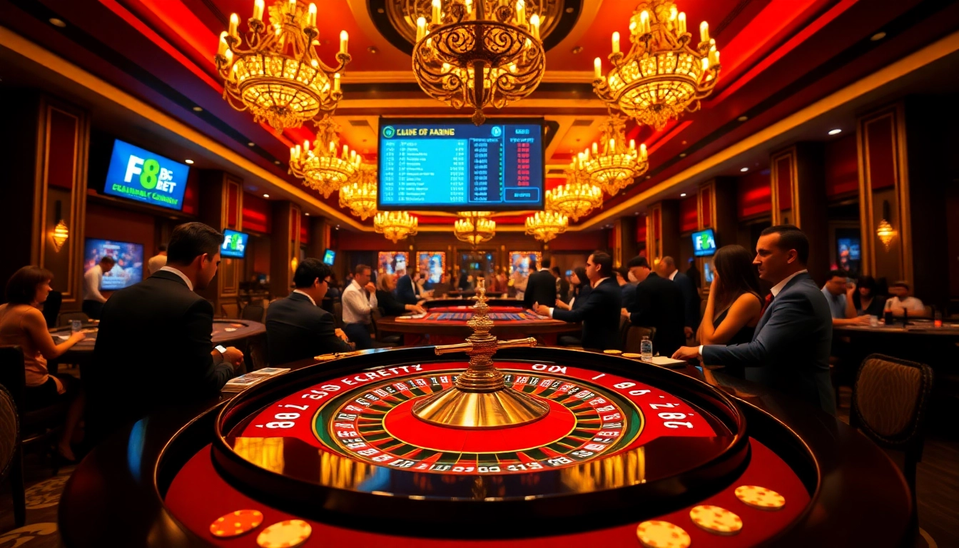 Experience the thrill of F8 BET with a luxurious casino scene showcasing roulette and poker tables.