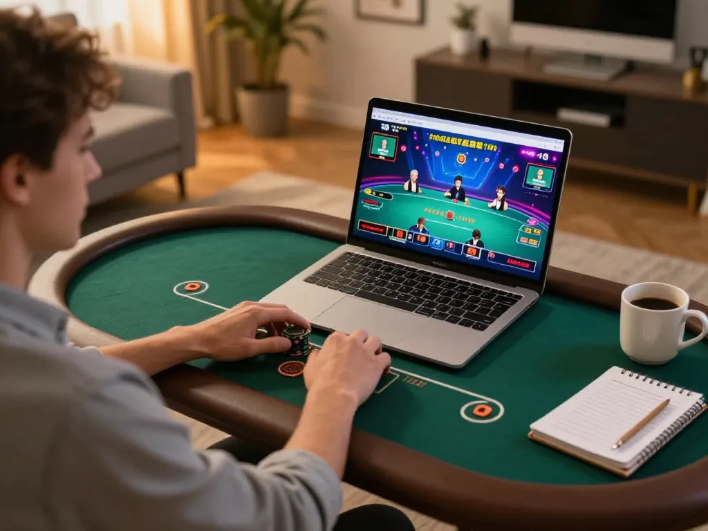 Au88 player engaging in a live dealer poker game on a laptop, showcasing a casual home gaming environment.