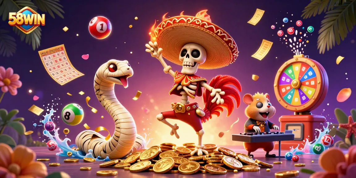 58WIN unleashes excitement with vibrant characters enjoying a wealth of gaming fun.