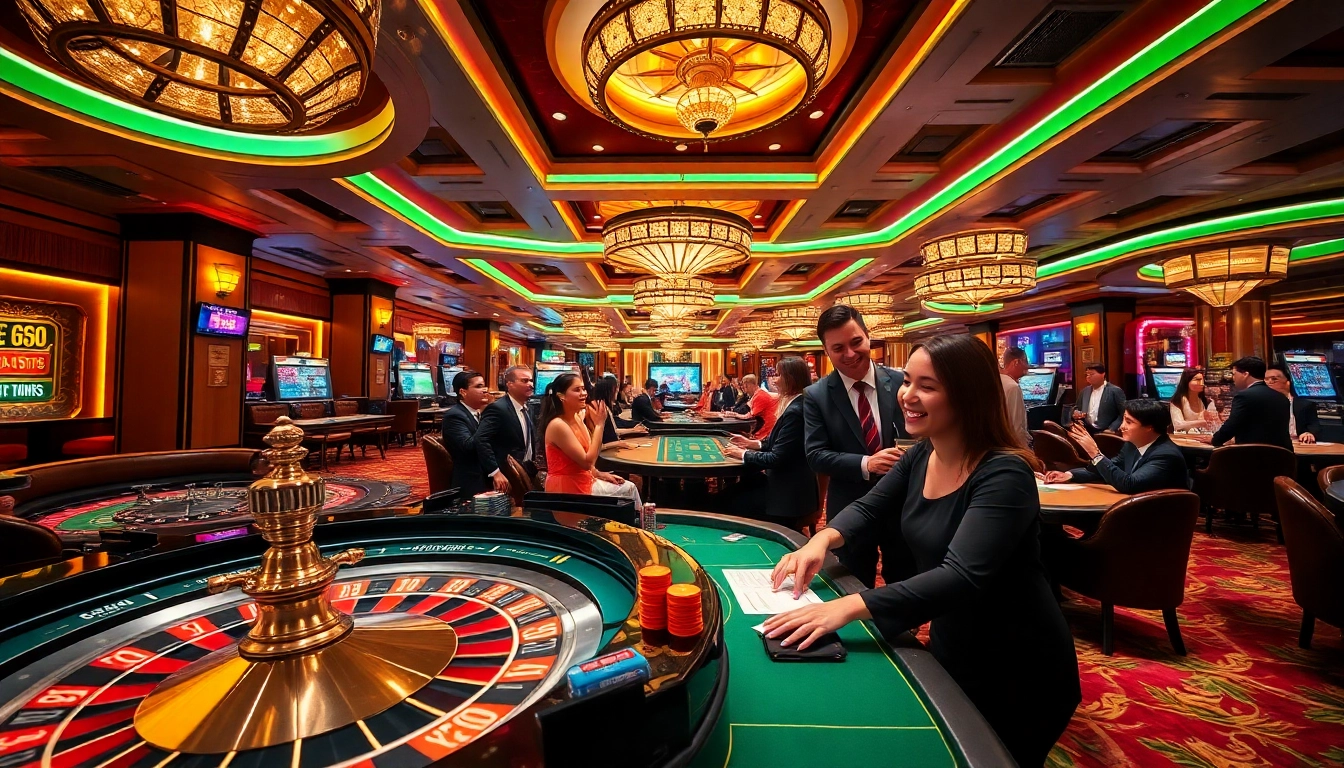 Exciting KP88 casino scene featuring roulette, poker tables, and colorful chips.