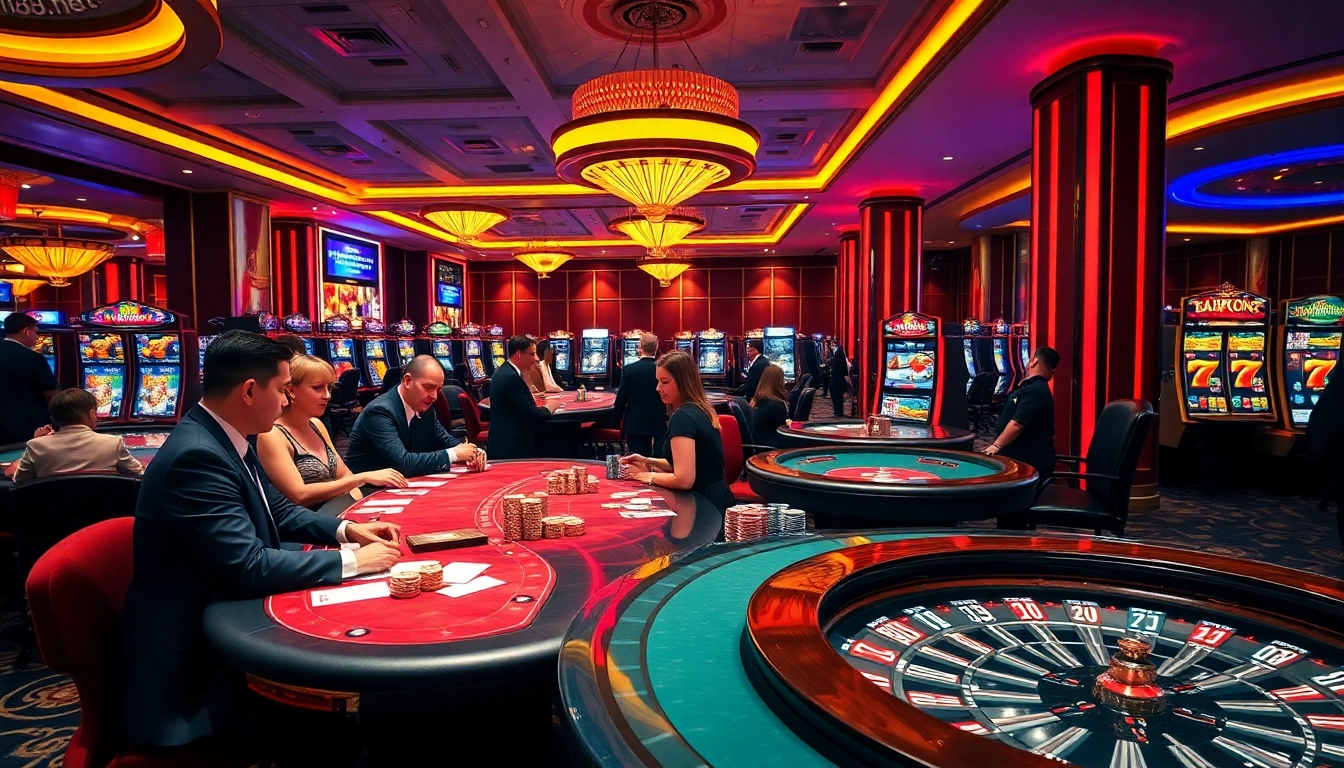 Players enjoying high-stakes games at win88cc.net, with luxurious casino tables and vibrant slot machines.