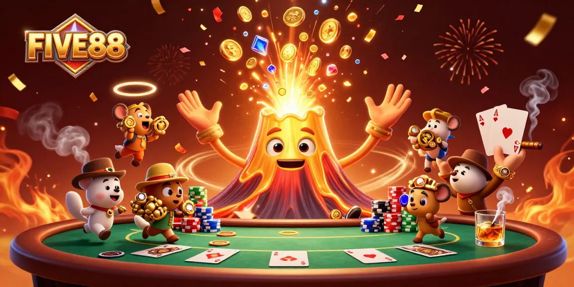 FIVE88 showcases a vibrant scene with a golden volcano erupting coins amidst poker elements, highlighting casino excitement.