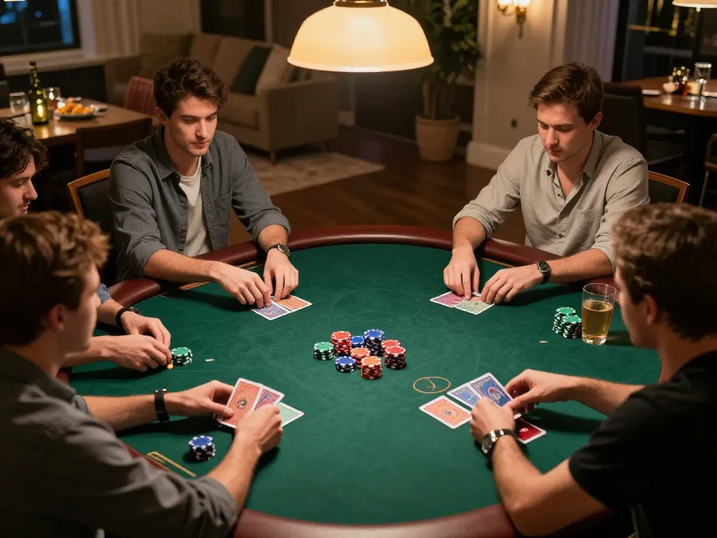 Players enjoying a poker game at home with nhà cái 888VI branding, chips on the table, and a cozy atmosphere.