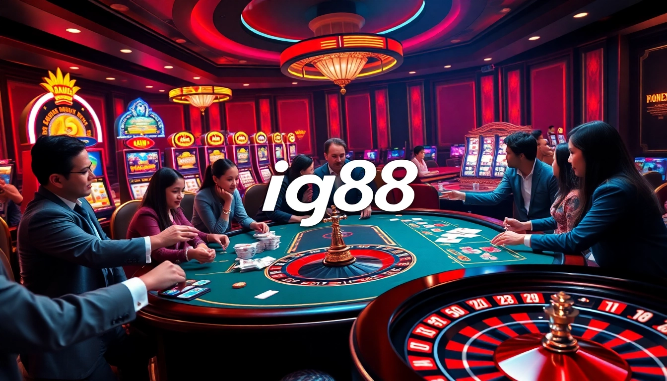 Players strategizing their bets at iq88 casino table with vibrant slot machines in the backdrop.