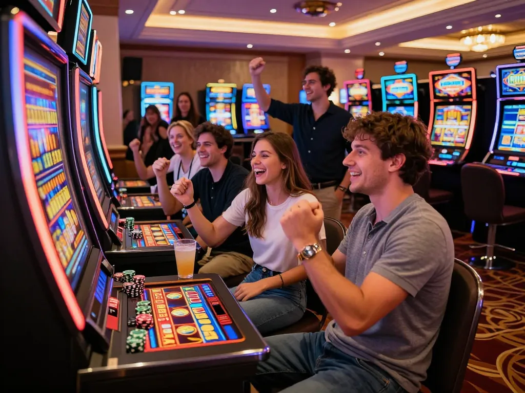 Excited players enjoying a big win at the vibrant Lucky 88 gambling slot machine.