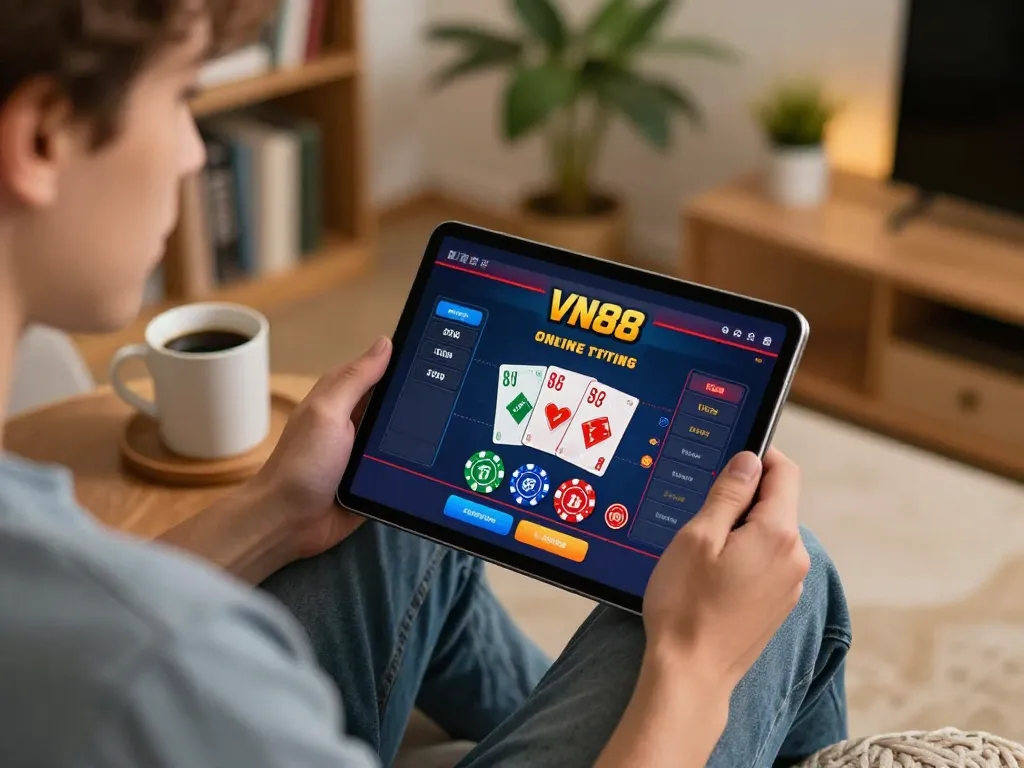 Person engaging with the VN88 online betting interface on a tablet in a cozy home setting, showcasing responsible gaming.