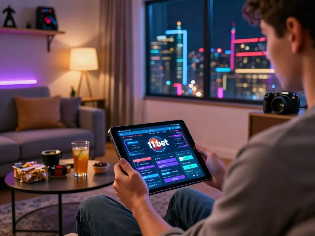 Engaging scene showcasing a player using the 11 bet mobile app in a stylish living room setting, with city lights in the background.