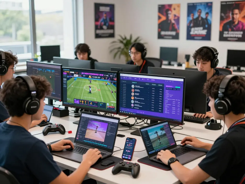 Dynamic gaming workspace showcasing KJC's entertainment platforms with a collaborative team of young professionals.