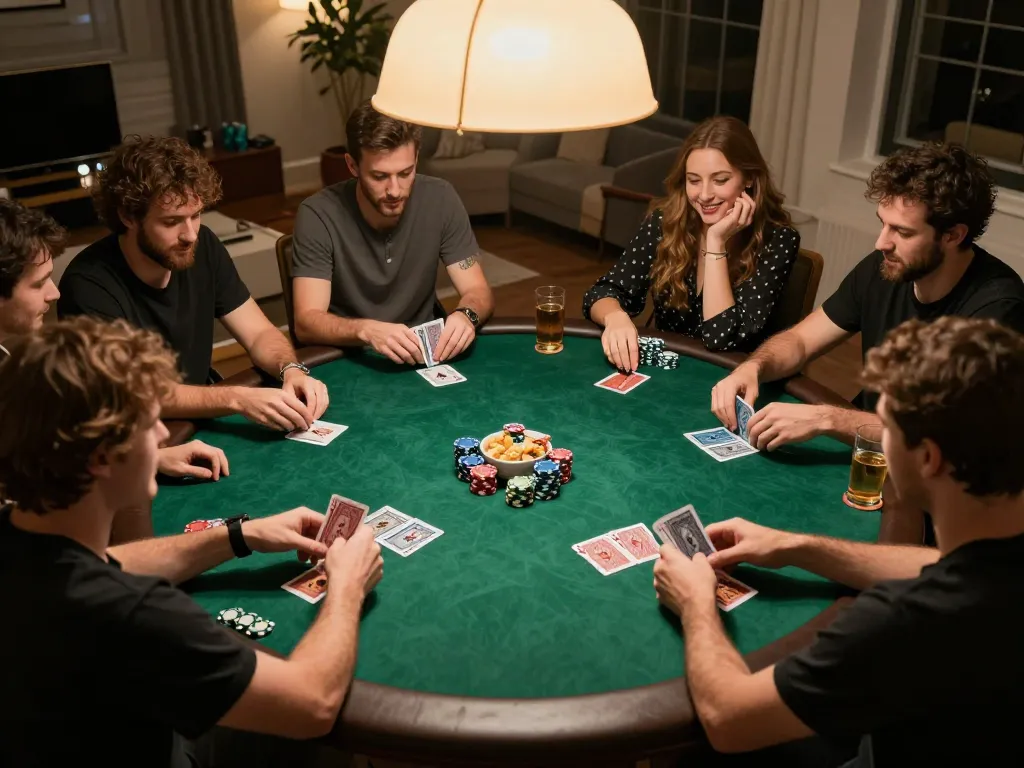 Sky88 players strategizing during an exciting poker night with friends at home.