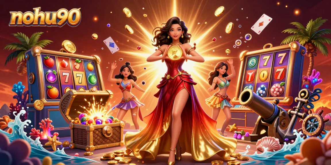 Nohu90 showcases an Asian woman symbolically holding a golden coin, embodying online gambling excitement with vibrant slot game elements.