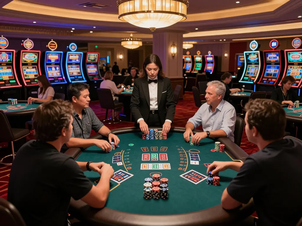 hitclub players at a blackjack table making strategic bets in a vibrant casino setting