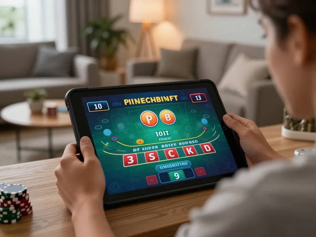 Player enjoying live dealer games at nhà cái cf68 from a cozy home environment with a tablet