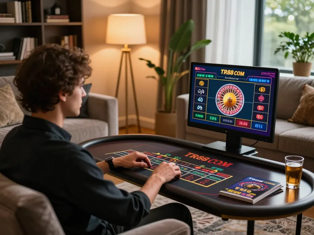 Engaging online gaming experience with TR88 COM on laptop, stylish living room setup