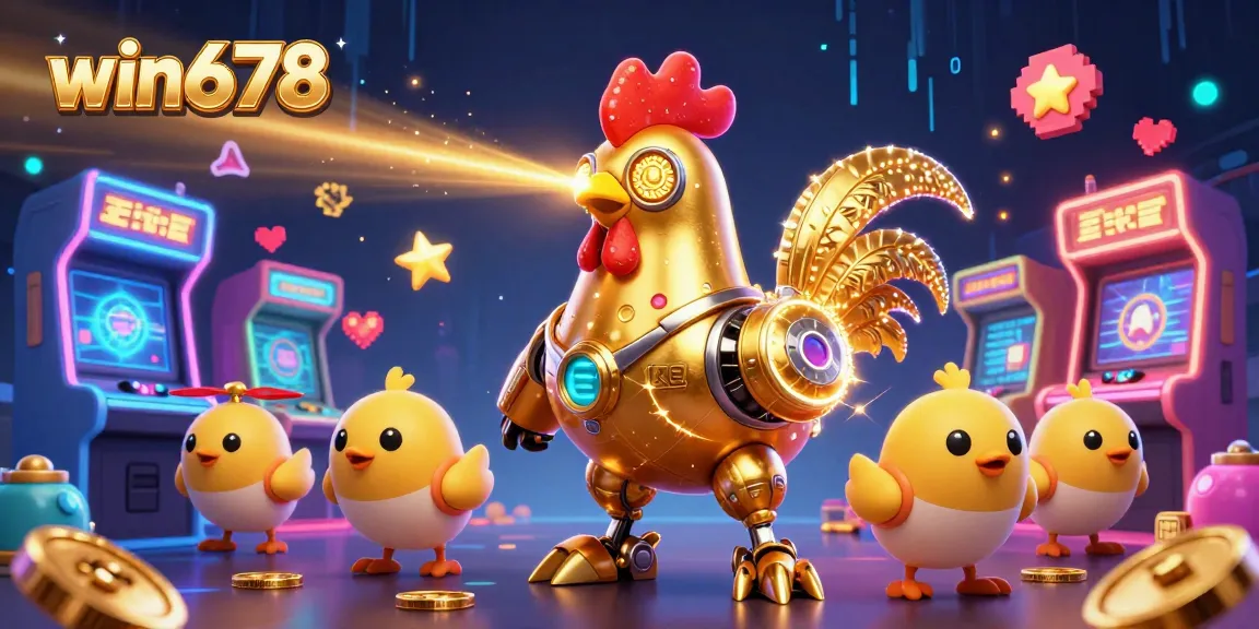 Experience a thrilling gaming adventure with win678 featuring a golden rooster robot and baby chick drones.