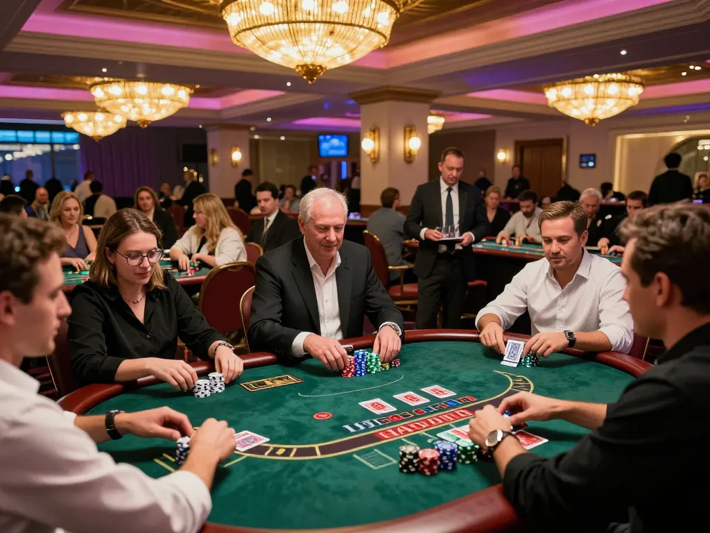 Players enjoying blackjack at FLY88's vibrant casino floor, showcasing excitement and strategic gameplay
