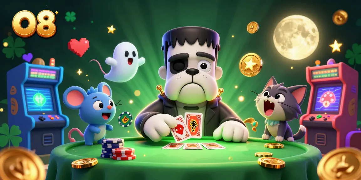 Engage strategically at O8’s vibrant casino with characters in a lively 3D scene featuring thrilling card games.