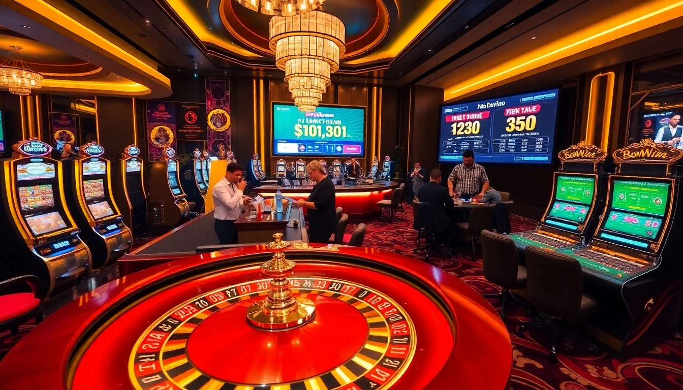 Experience the excitement at Nhà cái bomwin with luxury casino tables and vibrant gaming machines.