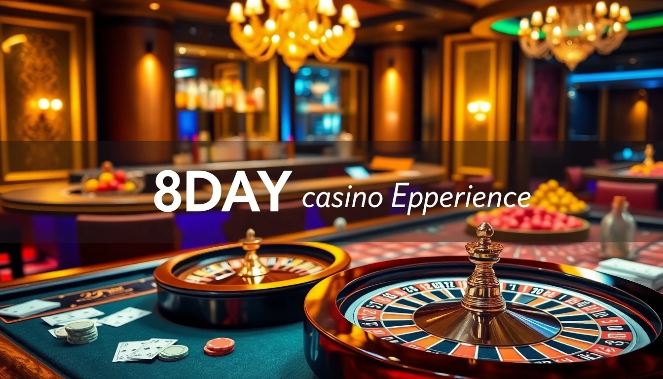 The 8DAY Casino Experience showcases a vibrant gambling scene with roulette, poker chips, and a luxurious atmosphere.