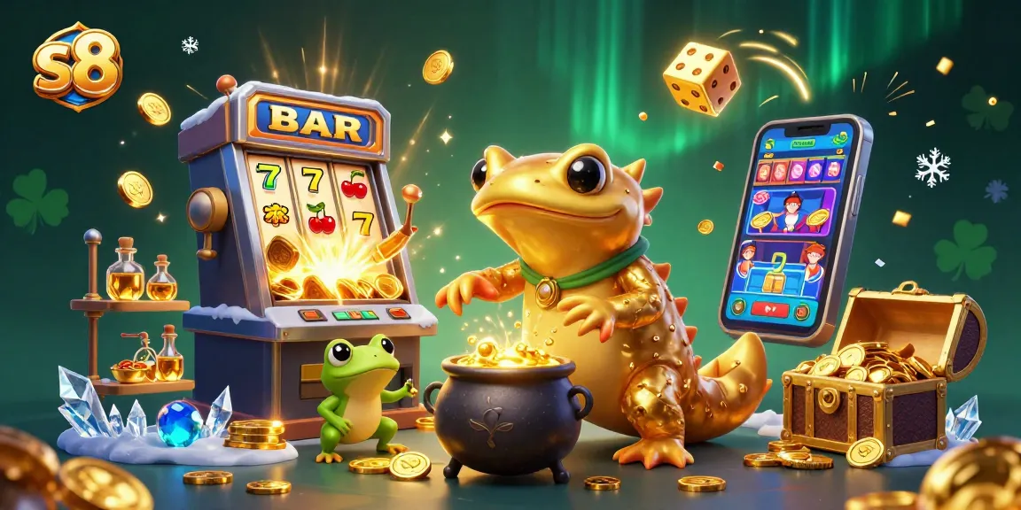 S8 casino fun unfolds in 3D, showcasing giant characters creating gold in a lively gambling scene.