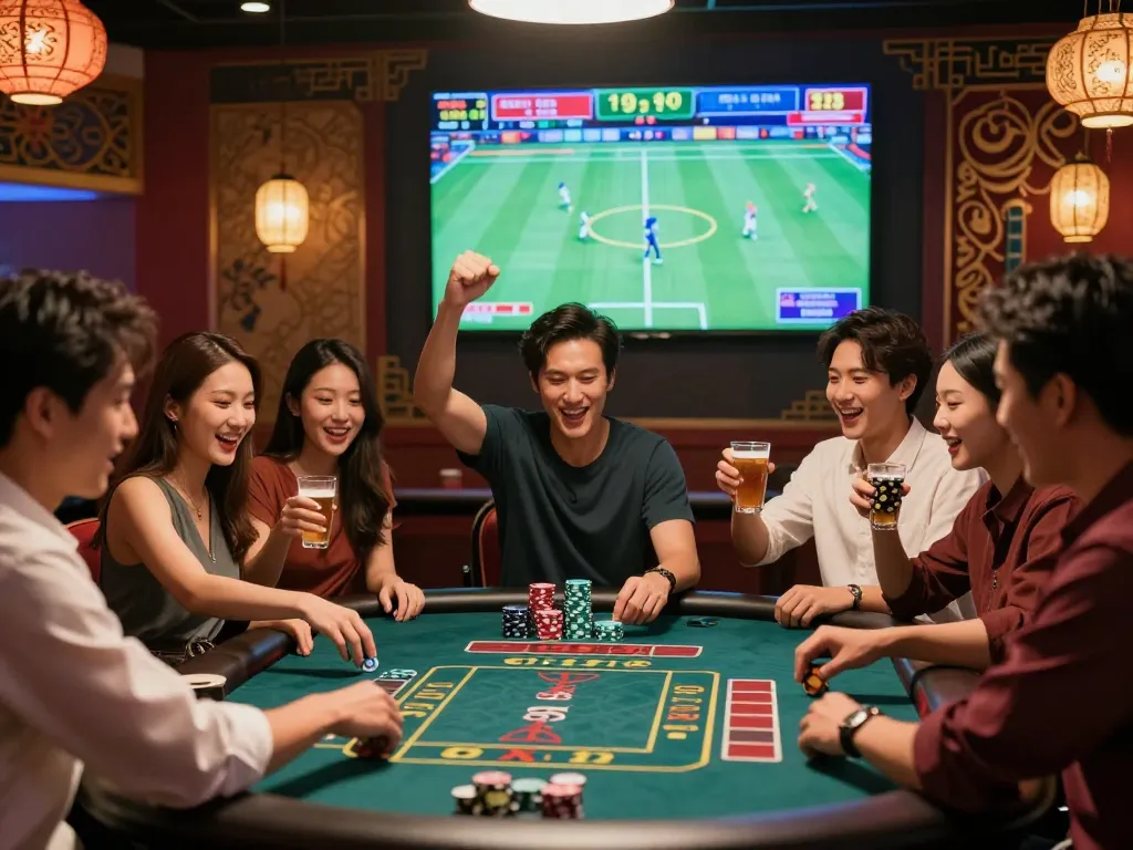 Group of friends joyfully engaging in betting at Vsbet casino, vibrant atmosphere, live sports betting.