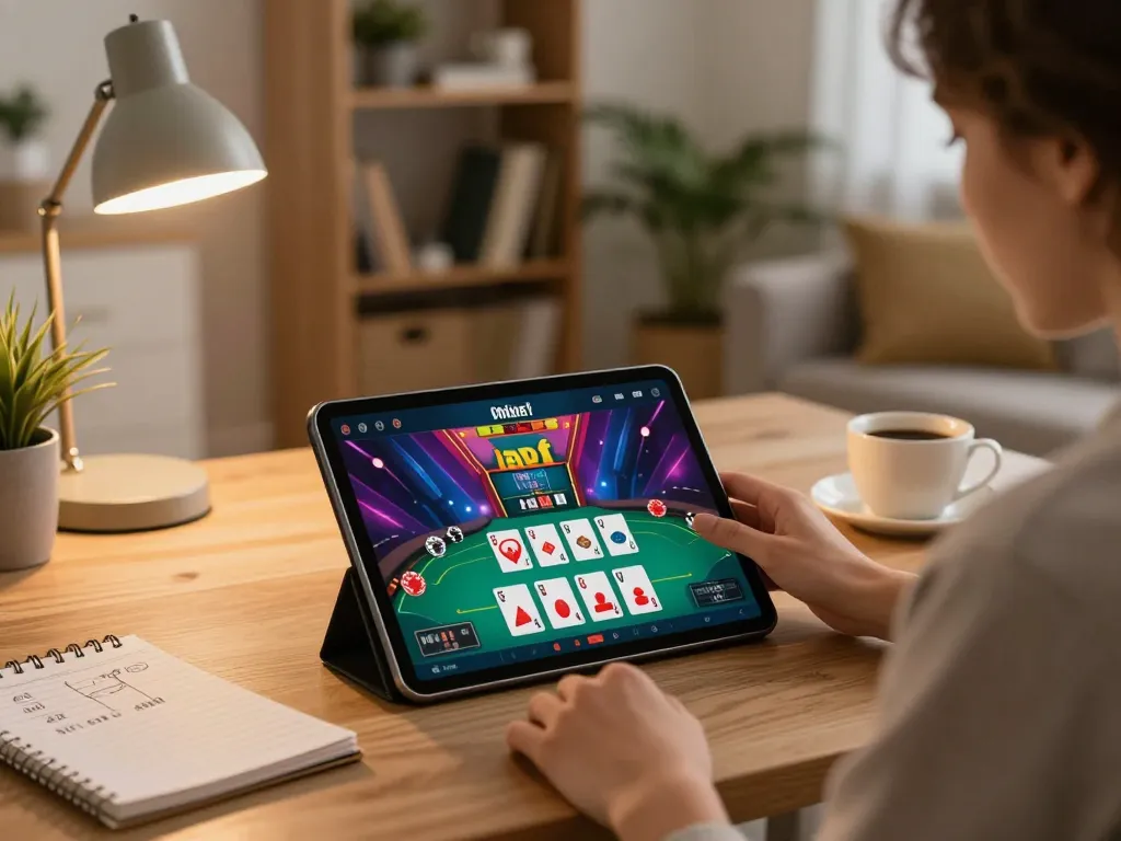 Zowin gaming enthusiast utilizing tablet for online casino poker strategies in a cozy home atmosphere