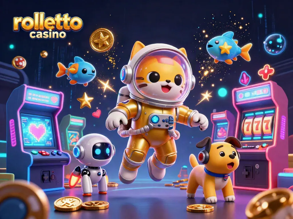 Engage with rolletto casino through a vibrant 3D scene of space characters and gaming elements.