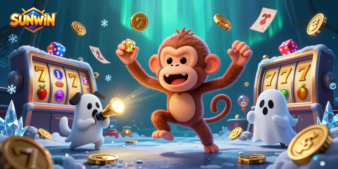 SUNWIN brings excitement with a playful poltergeist monkey juggling golden casino elements in a haunted setting.