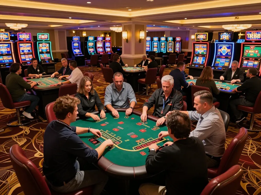 Players strategizing at TR88's blackjack tables in a vibrant casino atmosphere.