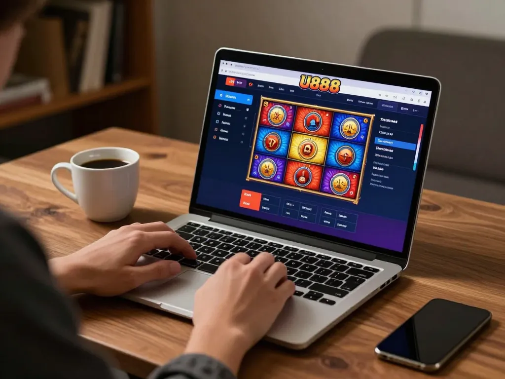 Engaging with U888 online casino games on a laptop, showcasing vibrant gameplay and a cozy atmosphere.