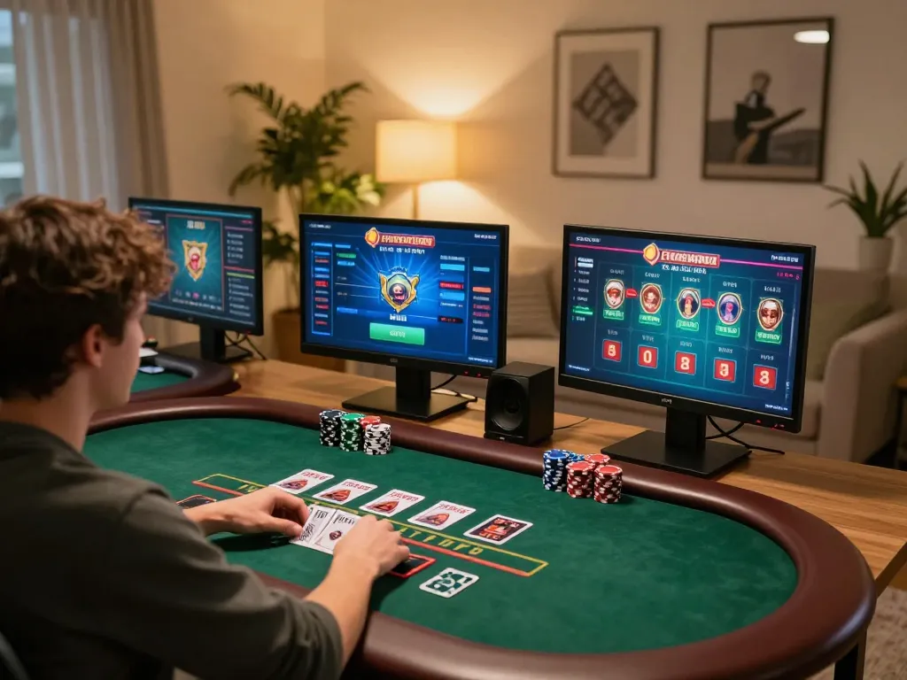 Luck8 player immersed in a live dealer blackjack game at home setup, showcasing strategic gameplay.