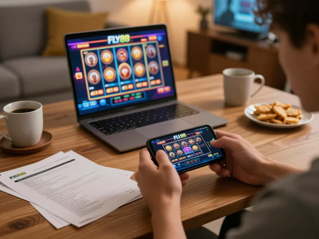 FLY88 player enjoying online slots on smartphone in cozy gaming setup
