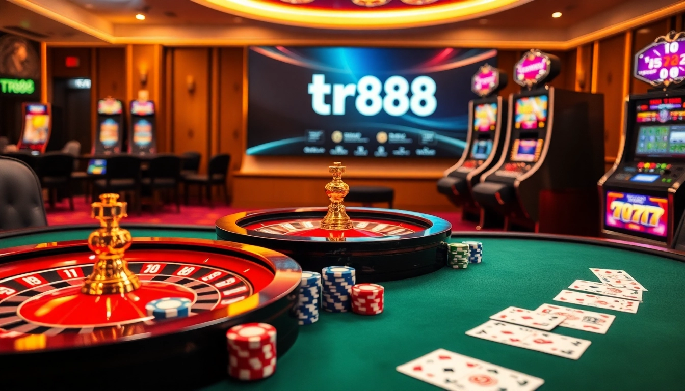 Gamble on tr88 with excitement at a luxurious casino table featuring roulette, poker chips, and online interfaces.