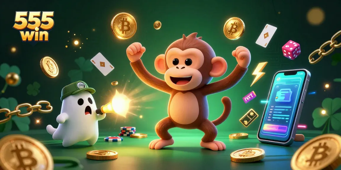 Engage with the lively 555 win casino scene featuring a playful poltergeist monkey and ghost-hunter puppy amidst vibrant gaming elements.