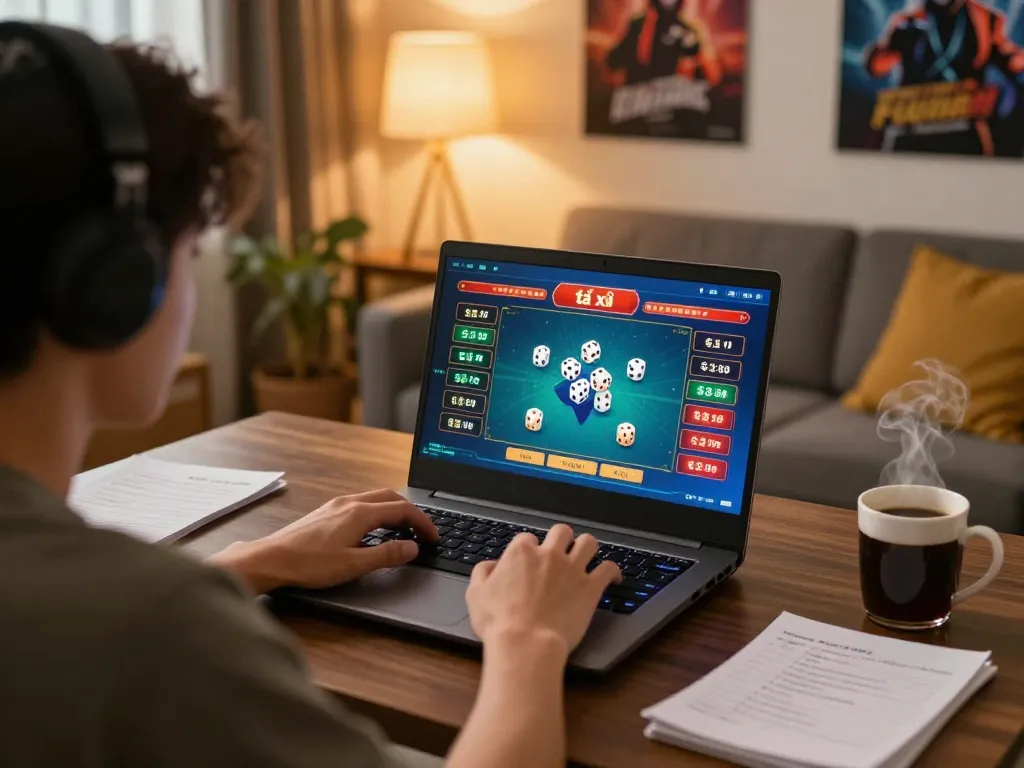 Player engaging in tài xỉu online, focused on laptop screen with betting interface