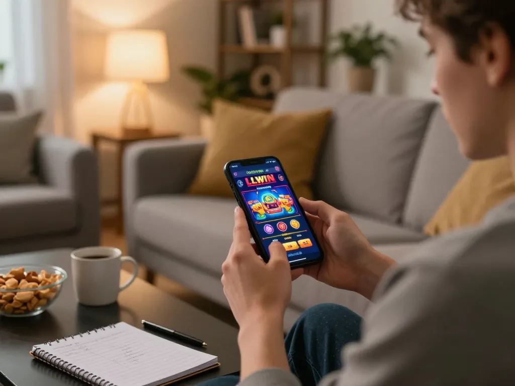 Engaging with the LLWIN app, a player enjoys mobile casino gaming in a cozy home setting.