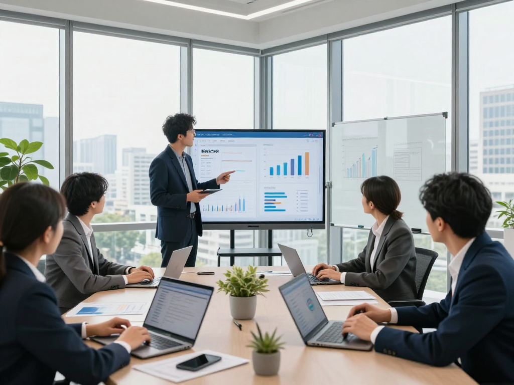 Collaboration in modern office showcasing IDXSTAR software analytics during a team meeting.