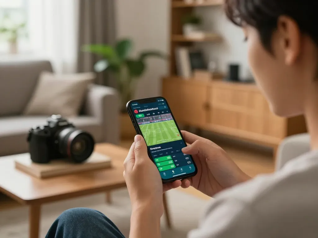 Person engaged in sports betting using the nhandinhkeonhacai app on a smartphone.