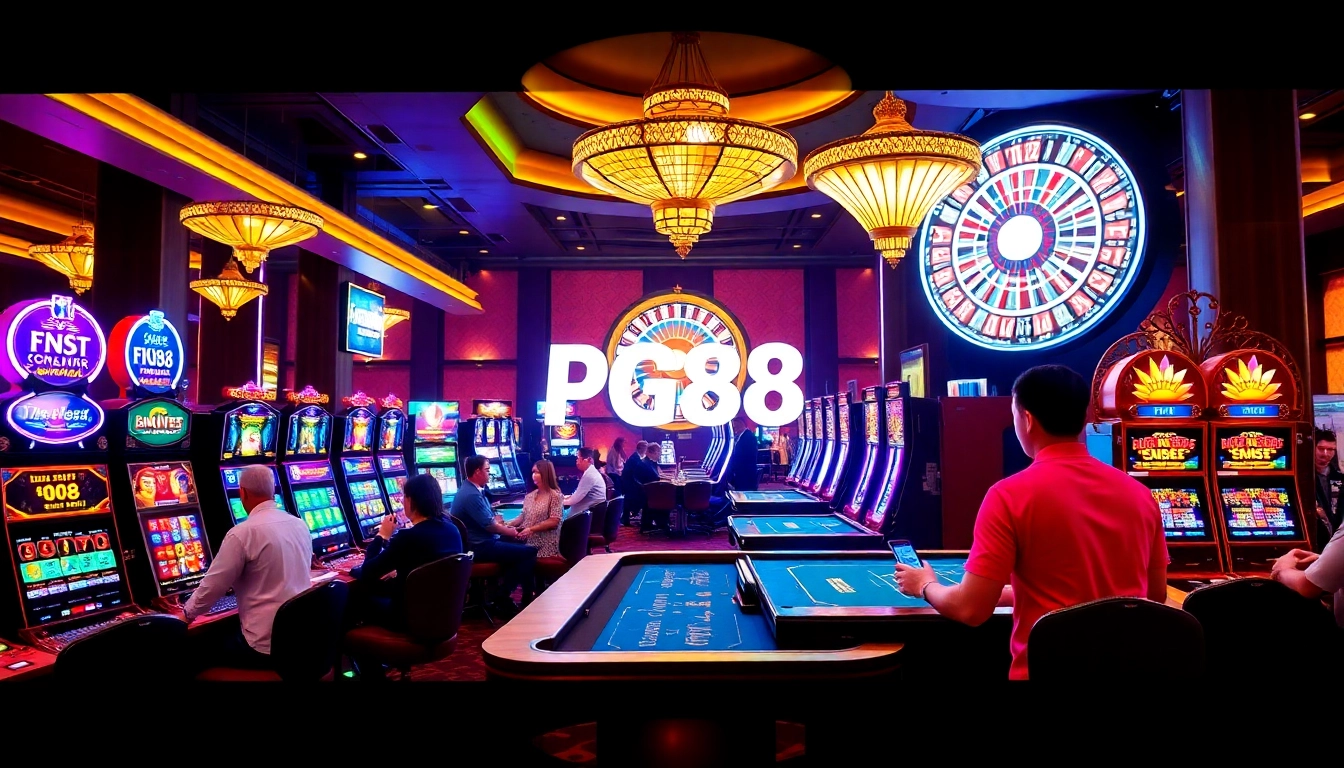 Casino scene with PG88 players enjoying high-stakes games at vibrant tables and slot machines.