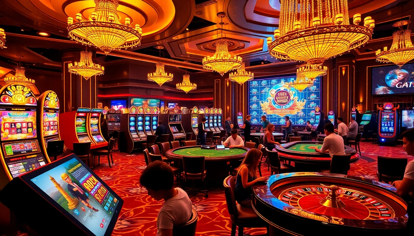 Exciting casino scene showcasing hours of entertainment at https://nohudoithuong.us/ with vibrant slot machines and poker tables.