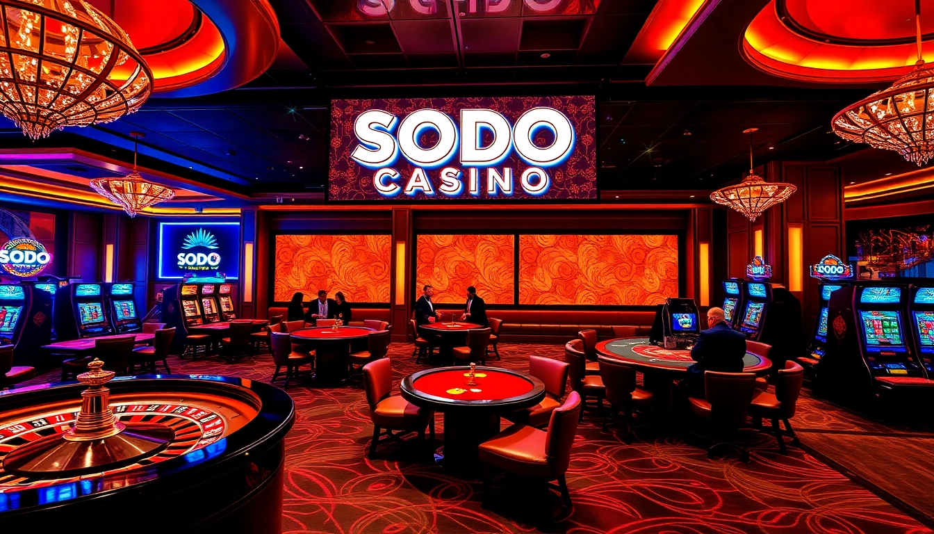 SODO CASINO showcasing vibrant gameplay at a luxurious roulette table and engaging gamblers.