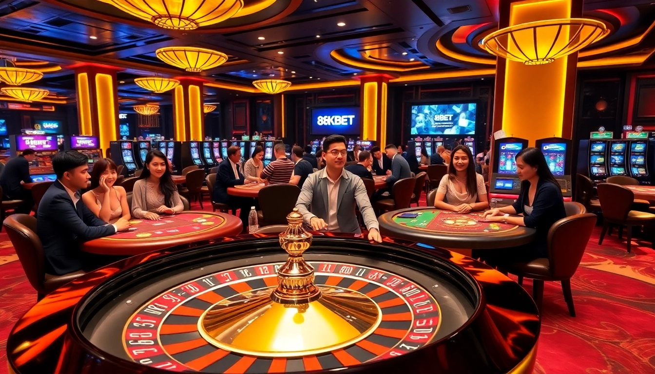 Gamblers experiencing excitement at 8KBET's luxurious casino tables with games and slots.
