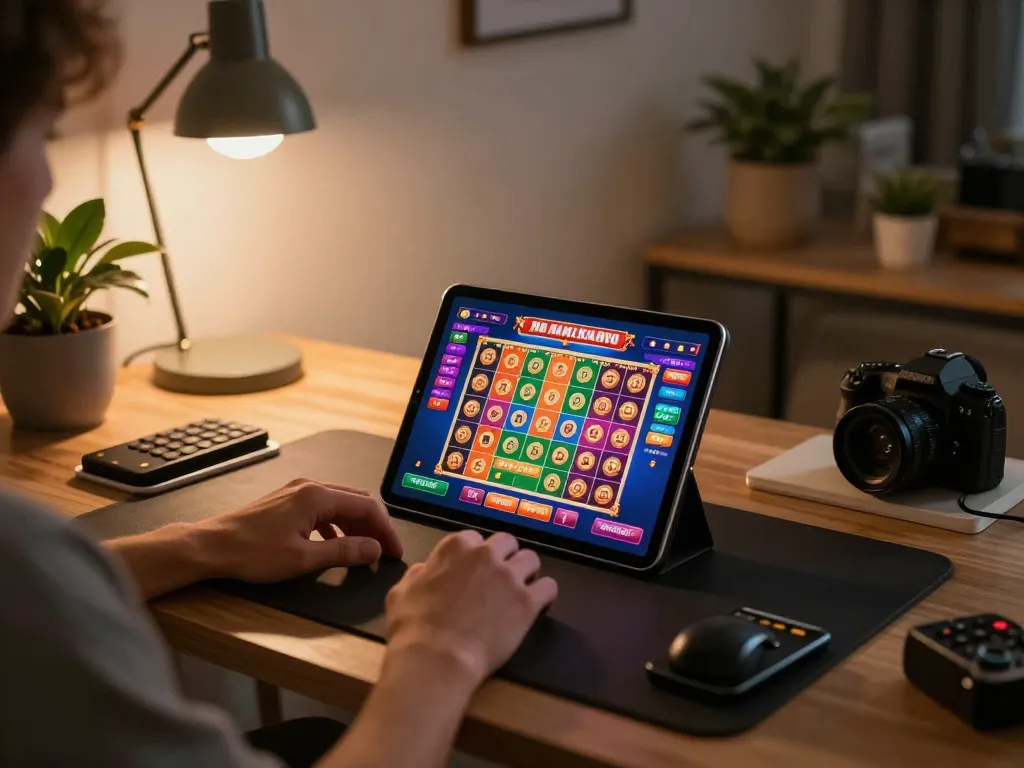 Playing thrilling lottery games on NOHU90 COM in a cozy home setup with a tablet.