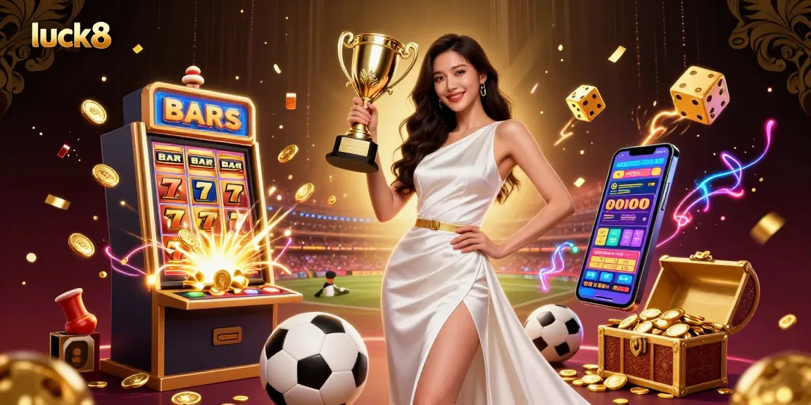 Engage with luck8's winning sports betting scene filled with trophies and vibrant casino elements.